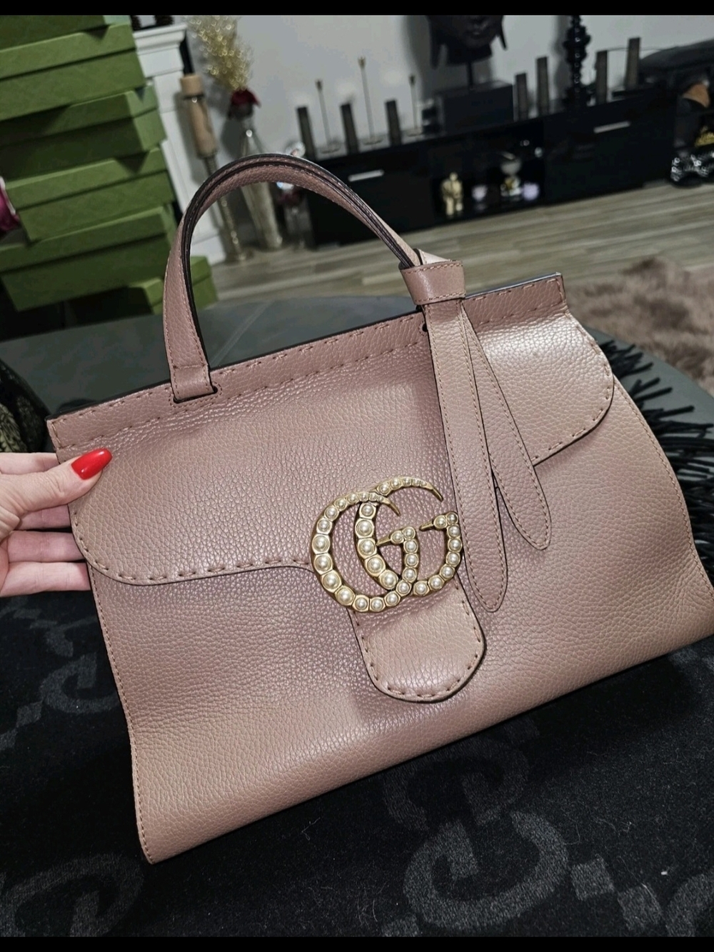 Gucci Pearl Double G Top Handle Bag in Taupe - Picture 3 of 16